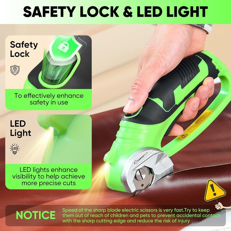 SakerPlus Cordless Electric Scissors, 4V Rechargeable Cardboard Cutter, Cordless Box Cutter, Powerful Cardboard Scissors with Blade, LED Light, Safety Lock for Cutting Fabric Leather - Image 4